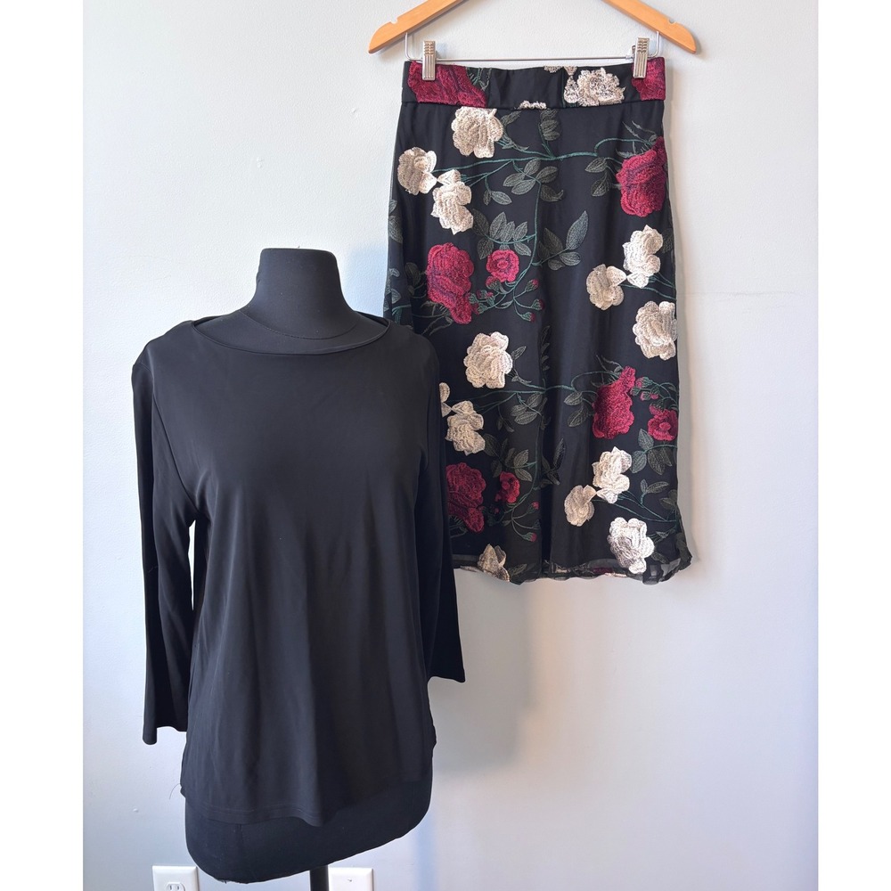 Ralph Lauren top with matching ECI Floral Embroidered‎ Skirt Black Red Roses set